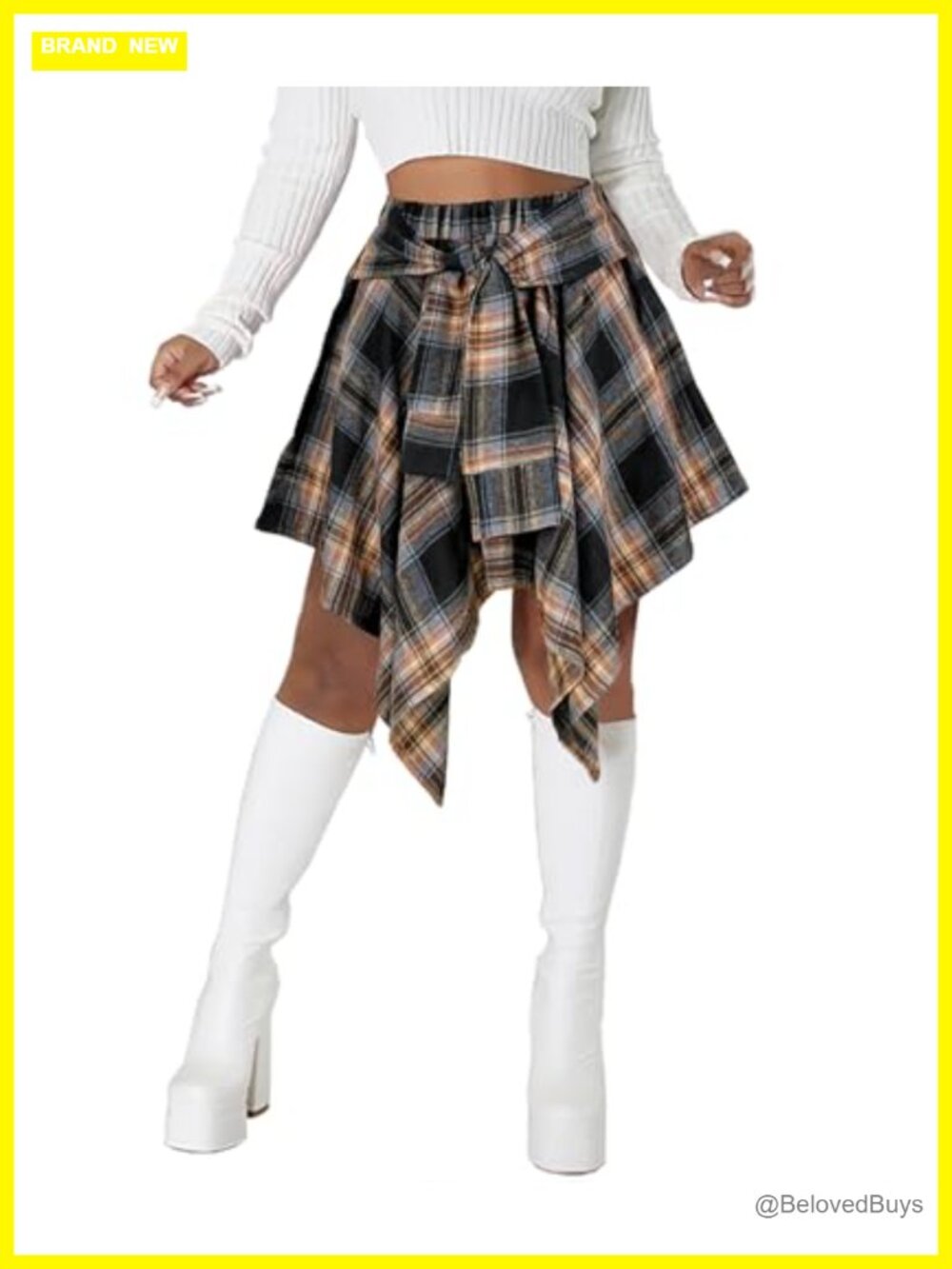 Women's High Waisted Asymmetrical Plaid Mini Skirt with Drawstring